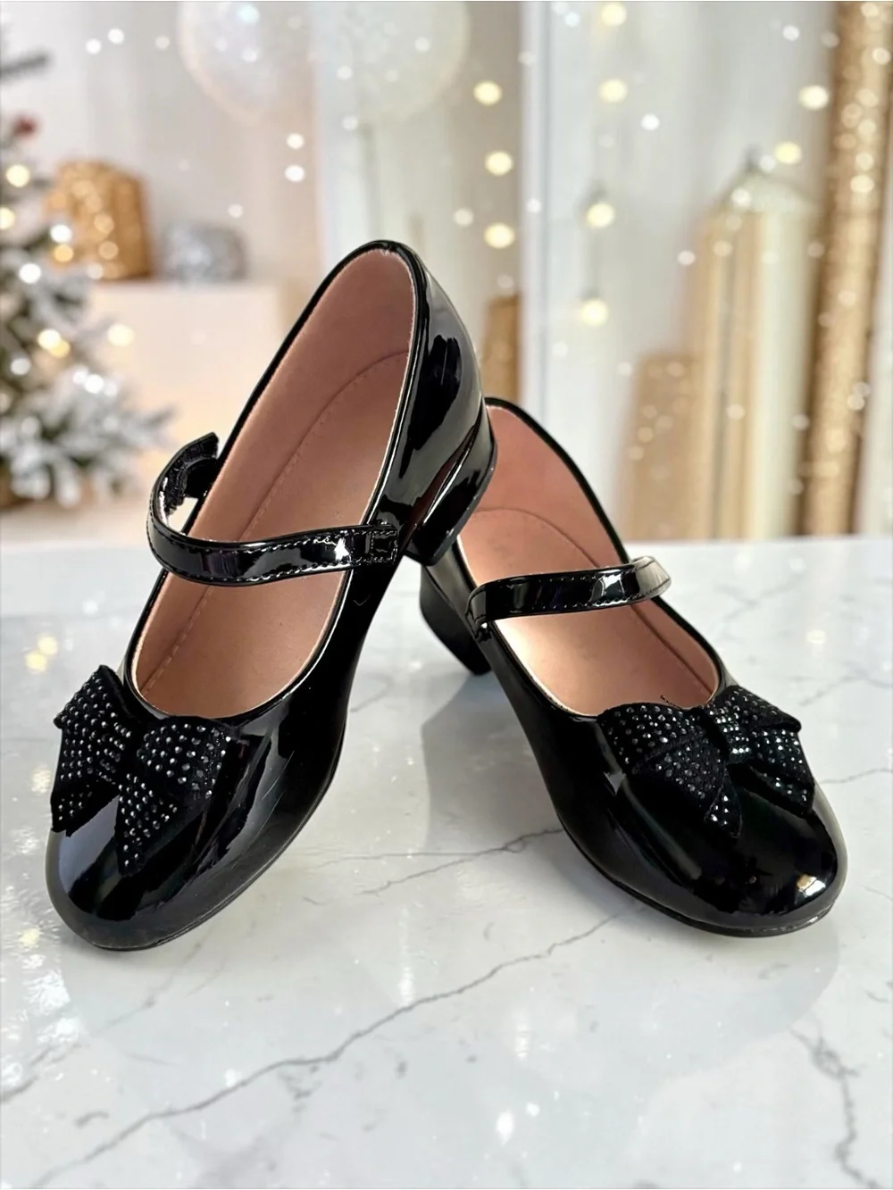 Kelly & Katie Bow Dress Flats Black Patent Rhinestone Girls Size 12 EUC